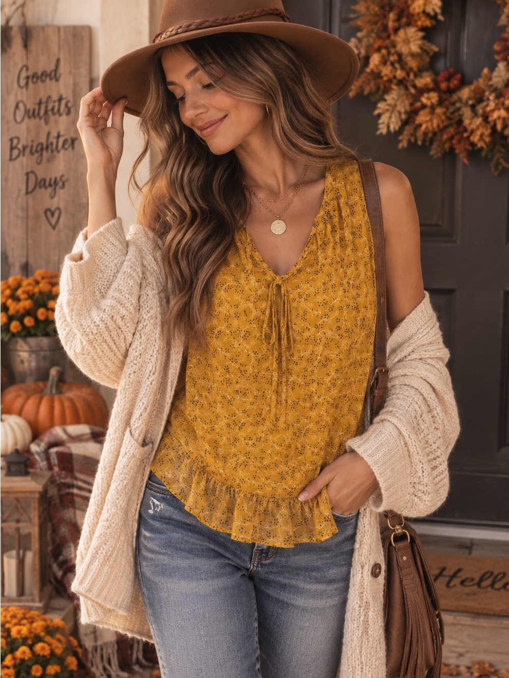 Marybelle Mustard Yellow Floral Sleeveless Blouse 1X Ruffle Hem Boho Top